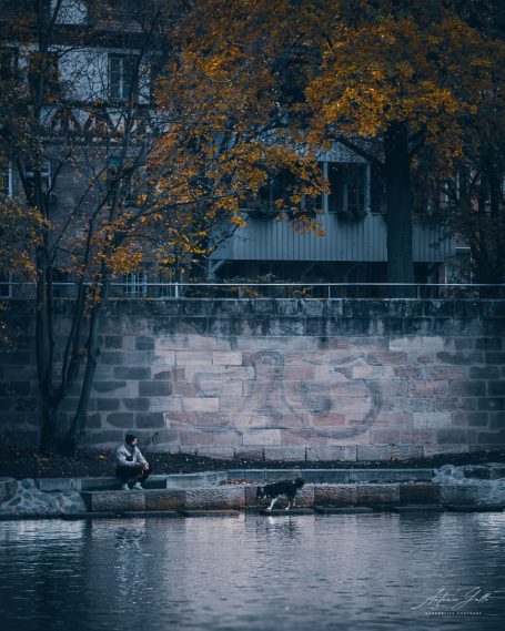 Eine Person sitzt am Wasser, umgeben von Bäumen mit herbstlichen Farben und Graffiti.